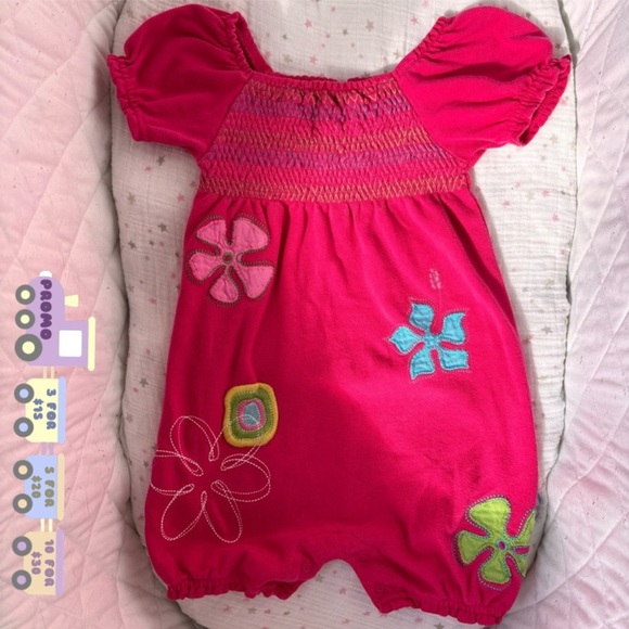 ⭒ 18-24M Little Tikes Pink Embroidered Flower Romper Ruffles Patches Buttons ⭒ - Picture 1 of 14